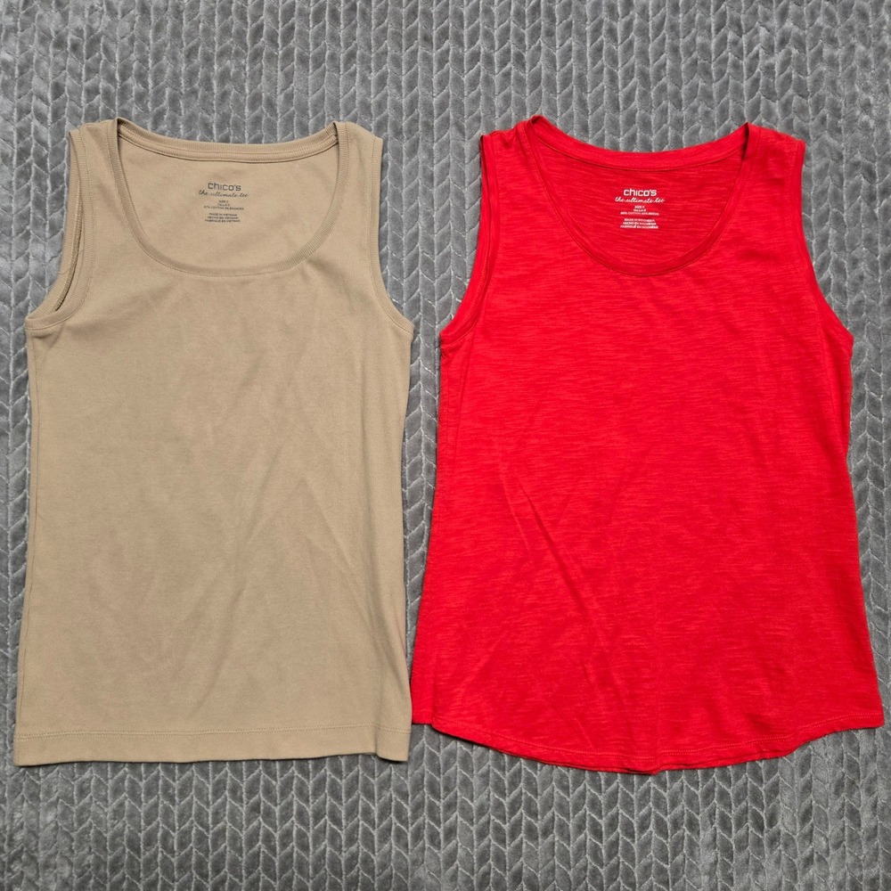 2 Chicos The Ultimate Tee Tank Top Red Tan Size 0 Small Ribbed Slub Cotton